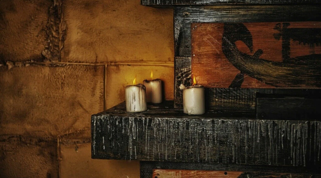 old dirty room with lit candles on the shelf